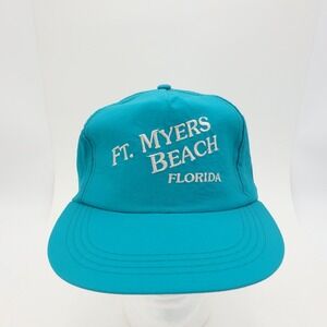 Vintage Fort Myers Beach Snapback Hat Cap Green Blue Nylon Summer Strand